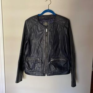MNG by Mango black leather sz L collarless moto style zip up jacket! Pockets 🏍️